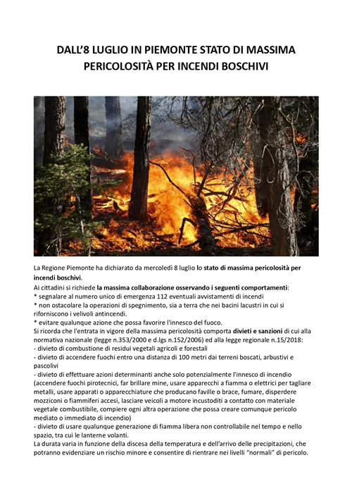 Dall8 luglio in Piemonte stato di massima pericolosità per incendi boschivi
