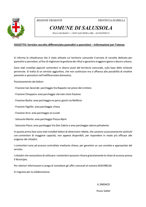 Servizio raccolta differenziata pannolini e pannoloni â€“ Informazioni per l'utenza